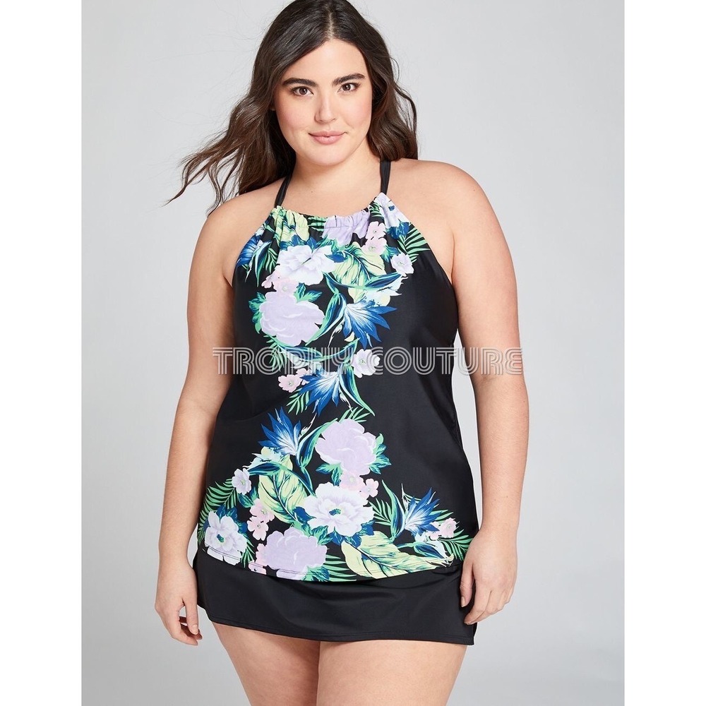 Cacique Swim Tropical Paradise No Wire Bra High Neck Tankini Top Size 18 Beachy